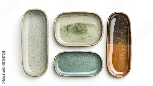 A top-view image of handmade ceramic trays isolated on a white background.--ar 16:9 photo