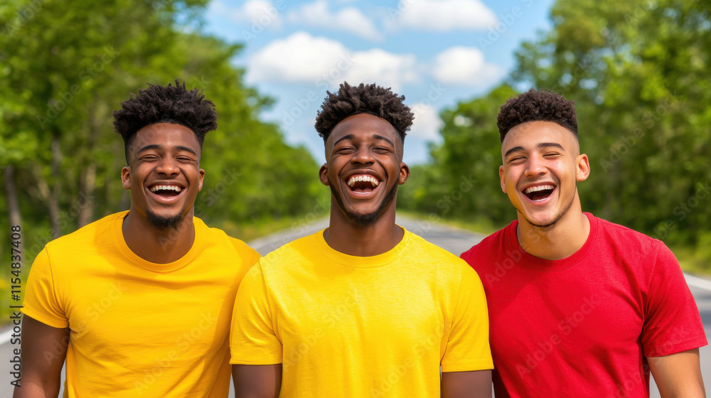 Let's Laugh Day concept. Laughter and joy among friends on sunny road in nature