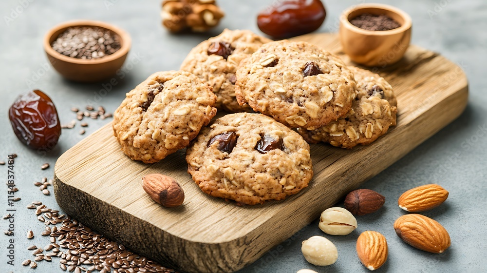 Healthy oatmeal cookies with dates nuts and flaxseed on wooden board isolated on gray textured background Healthy oatmeal cookies with dates nuts and flaxseed on wooden board isolated on gray textured background