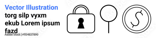 Padlock, magnifying glass, and dollar sign connected. Ideal for online security, privacy, financial services, data protection, banking encryption cybersecurity and mobile apps. Landing page
