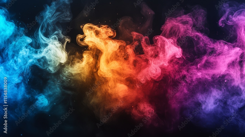 Fototapeta premium A burst of vibrant colored smoke in rainbow hues, twisting and expanding against a dark black backdrop