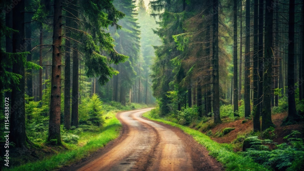Obraz premium A winding dirt road through a mystical evergreen forest bathed in soft morning light
