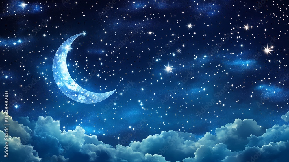 Crescent Moon and Starry Night Sky with Clouds Crescent Moon and Starry Night Sky with Clouds