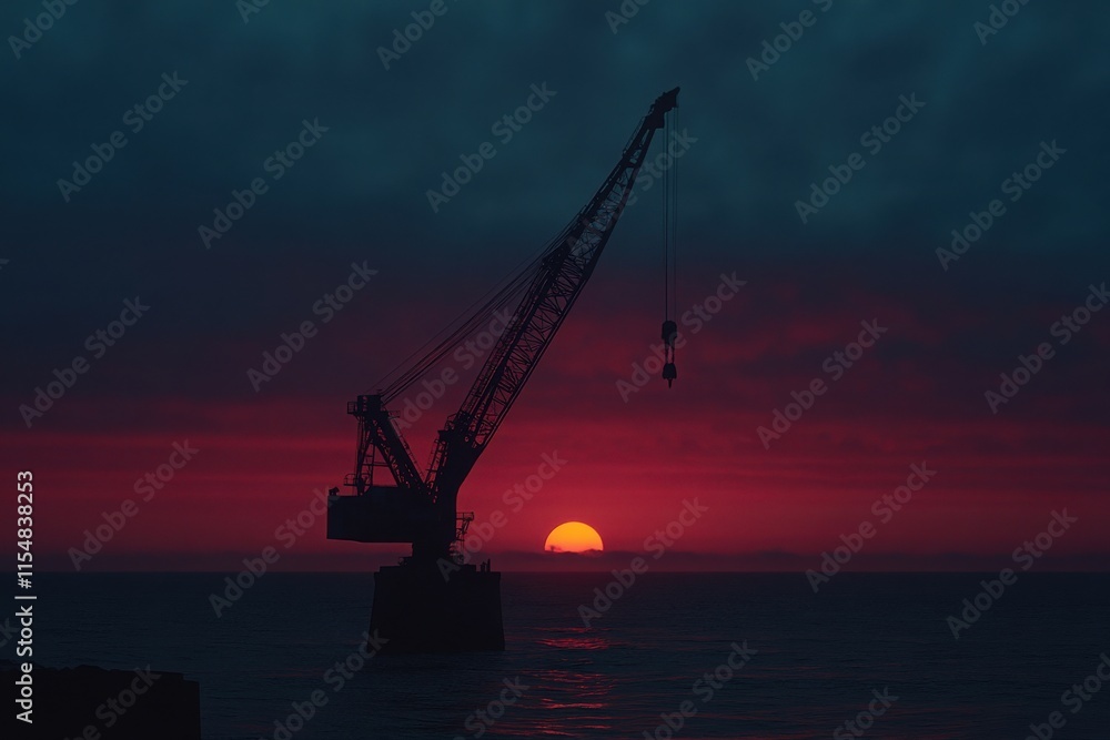 Dramatic Crane Silhouette at Fiery Sunset Over Ocean Dramatic Crane Silhouette at Fiery Sunset Over Ocean