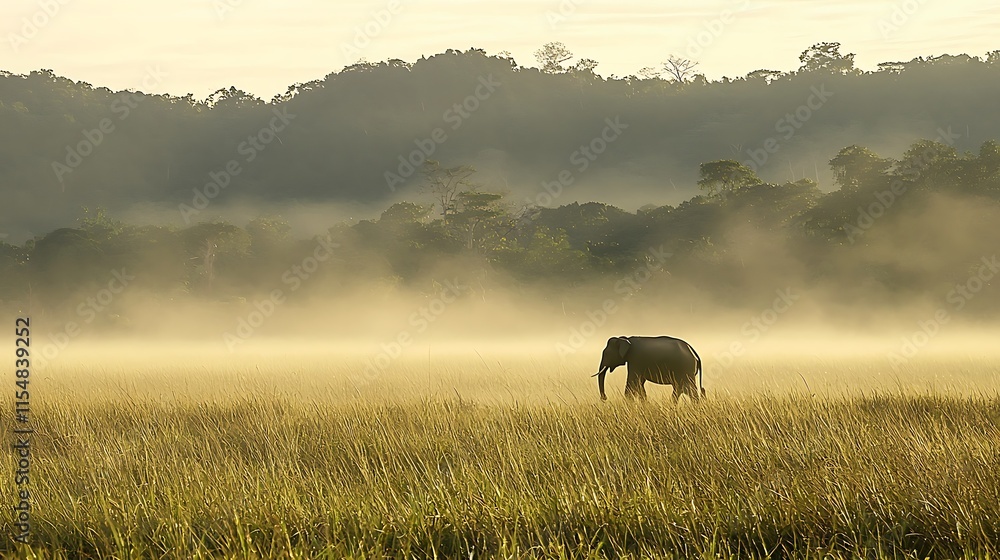 A large elephant is walking through a field of tall grass A large elephant is walking through a field of tall grass