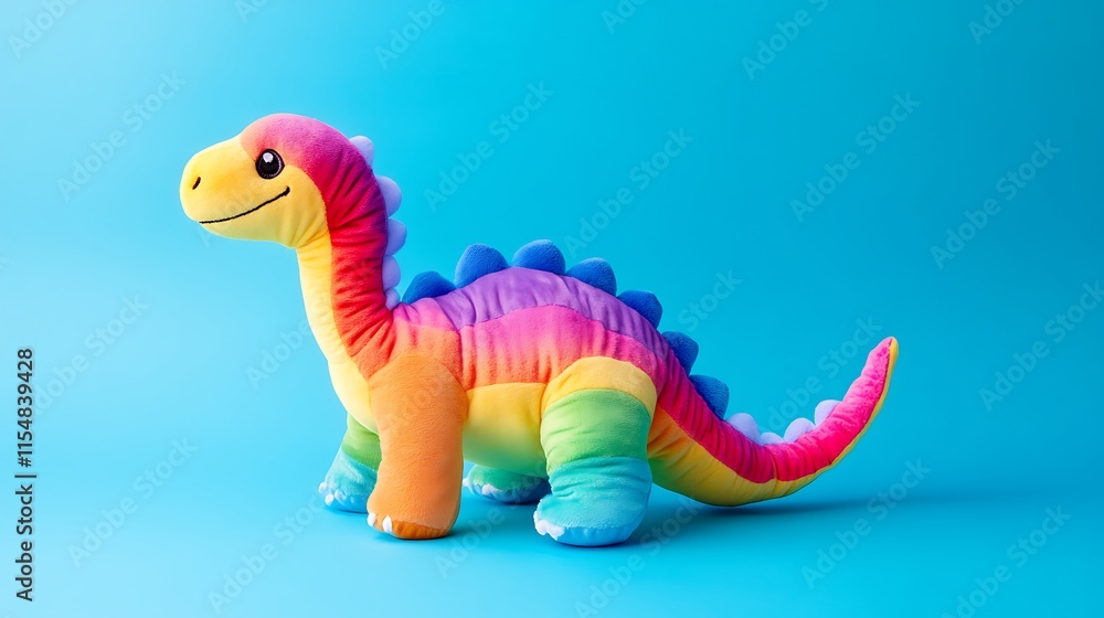 Obraz premium Plush dinosaur toy with rainbow colored scales isolated on sky blue background