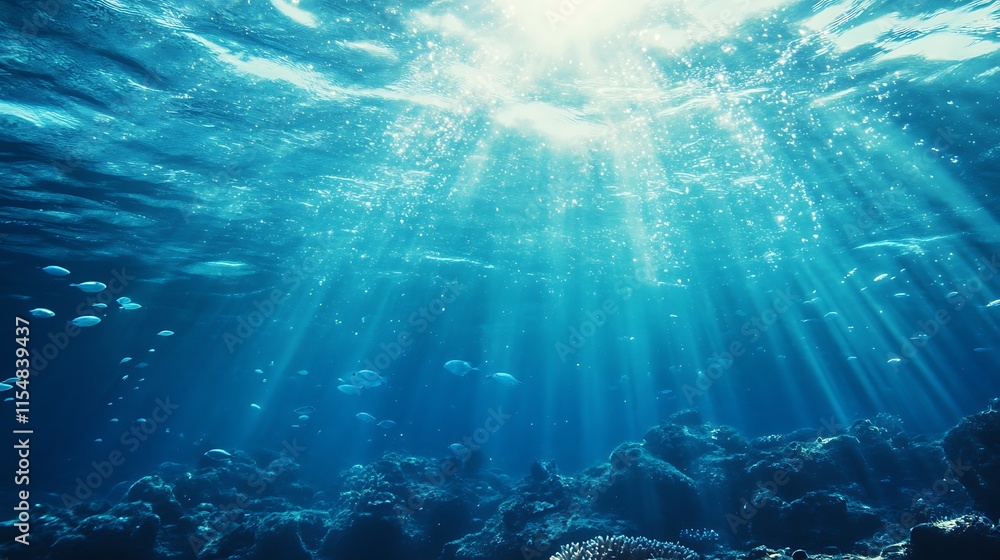Naklejka premium Sunlight penetrating underwater, ocean floor. Concept of marine life, underwater world, and nature.