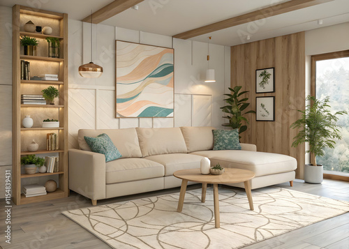 Wallpaper Mural Minimalist living room with beige L-shaped sofa and abstract artwork Torontodigital.ca