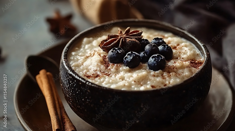 Rice porridge or pudding with cinnamon and blueberries in a bowl on the table Rice porridge or pudding with cinnamon and blueberries in a bowl on the table