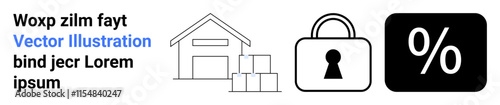 Warehouse icon with boxes, a security lock, and a percentage sign. Ideal for logistics, security, discounts, e-commerce, business planning inventory management and promotional material. Landing