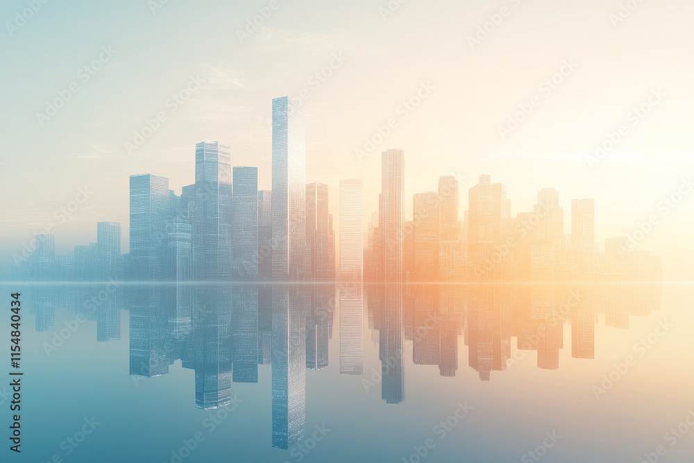Fototapeta premium Futuristic Cityscape Reflection: 3D Rendered Skyline at Sunset
