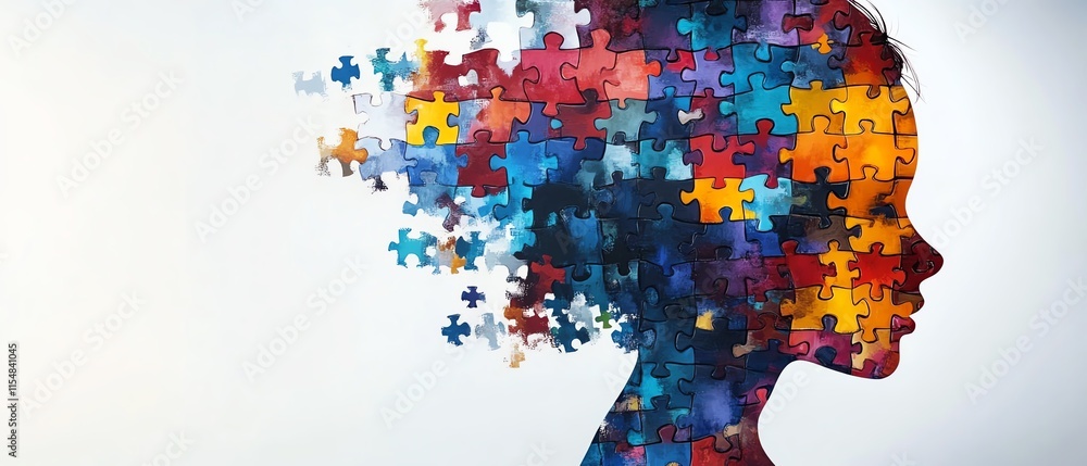 Fototapeta premium Multicolored puzzle pieces inside a childs head silhouette, representing complex thinking, autism, and World Mental Health Day awareness
