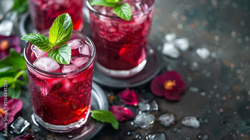 Sparkling hibiscus tea in beautiful glass with ice Sparkling hibiscus tea in beautiful glass with ice