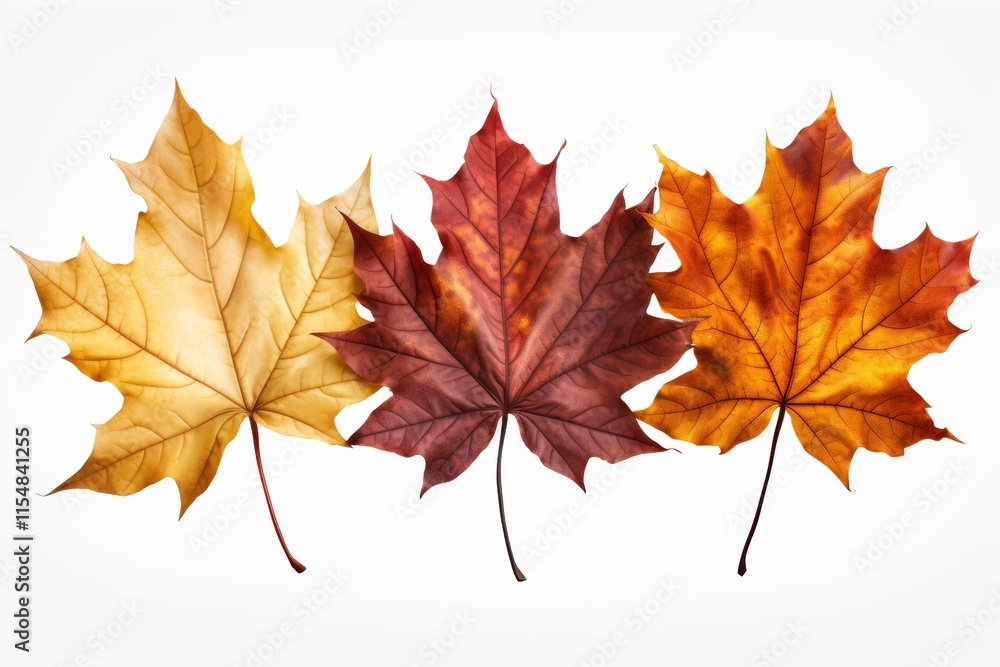 Three isolated maple leaves displaying vibrant fall colors from orange to yellow on white background Three isolated maple leaves displaying vibrant fall colors from orange to yellow on white background