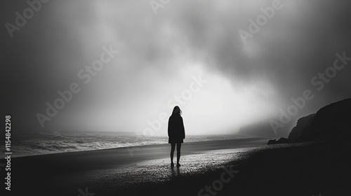 Solitary Figure, Coastal Solitude, Moody Seascape, Black and White Photography, Dramatic Atmosphere