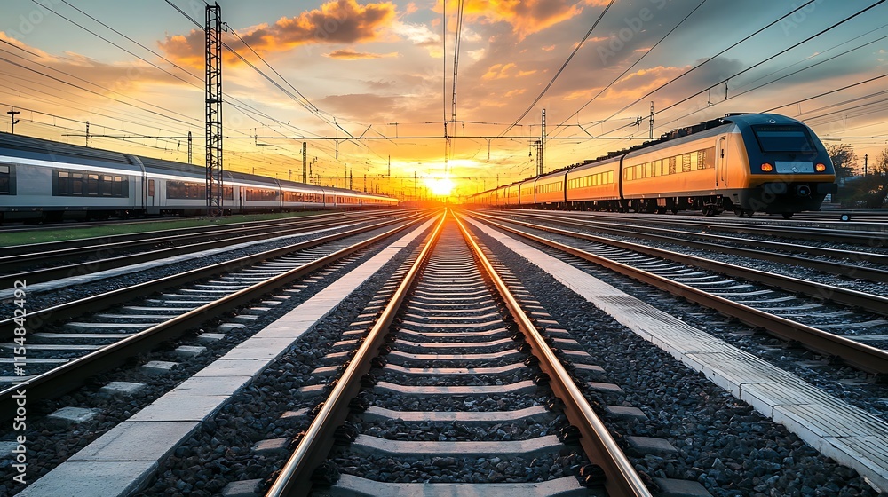 Obraz premium Sunset over train tracks. Concept of travel, transportation, and modern technology.