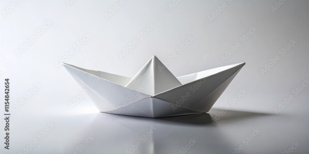 A Simple White Paper Boat on a Reflective Surface, a Symbol of Childhood Dreams and Imagination A Simple White Paper Boat on a Reflective Surface, a Symbol of Childhood Dreams and Imagination