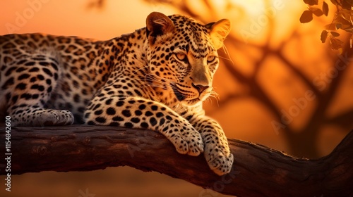 Majestic leopard resting peacefully on a tree branch in its natural habitat during the golden hour  The feline s spotted coat blends seamlessly with the surrounding foliage photo