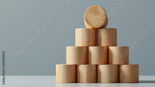 Stack of wooden cylinders forming a tower on smooth surface photo