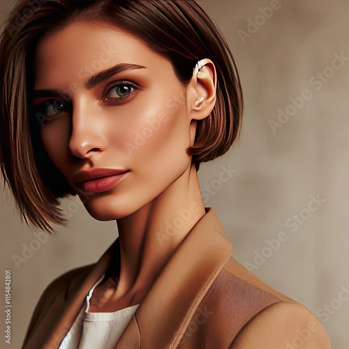 196 A close up of a young Caucasian woman with short hair lookin photo