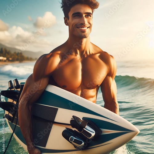 196 Athletic man surfing showing water sports equipment Izobraje photo