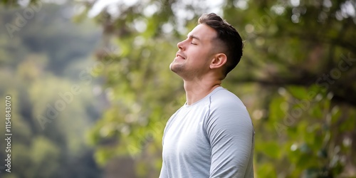 Relaxed Man Breathing Outdoors in Green Nature Wearing Casual Comfortable Clothing