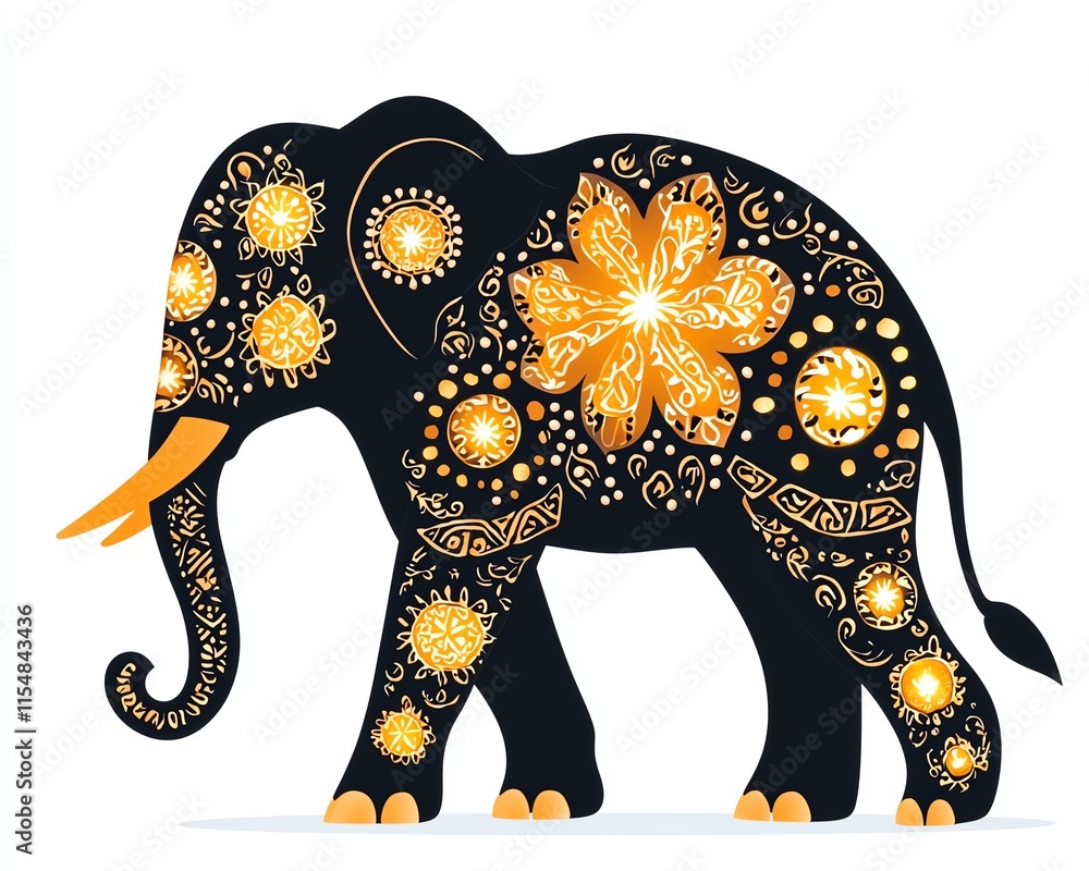 Obraz premium decorative elephant art, floral decorative elephant pattern, golden decorative elephant art print ,golden decorative elephant with floral mandala pattern, traditional Asian elephant art 