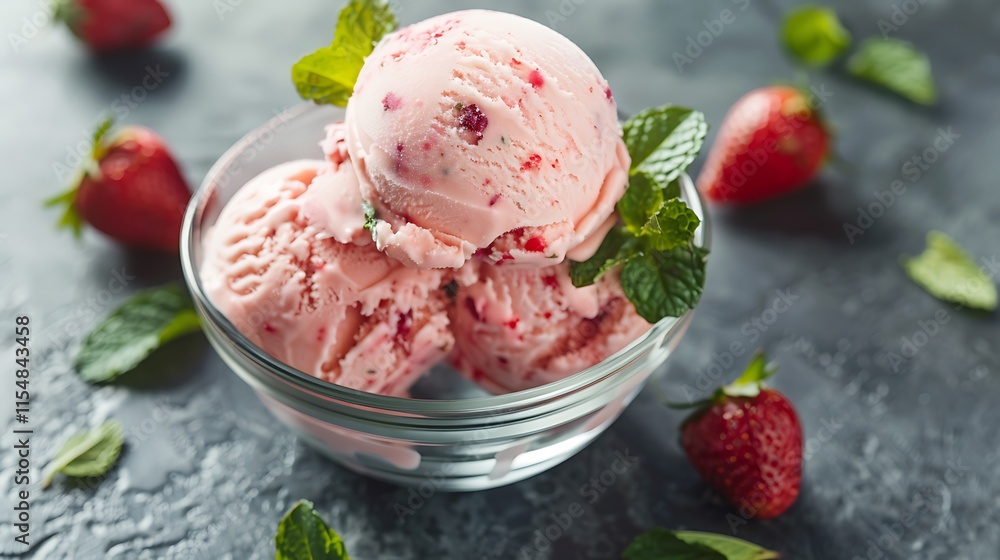 Strawberry mint ice cream in clear bowl with mint leaves around Strawberry mint ice cream in clear bowl with mint leaves around