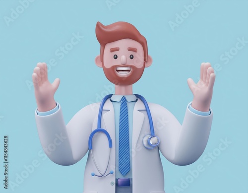 3D cheerful cartoon doctor waves hello with both hands