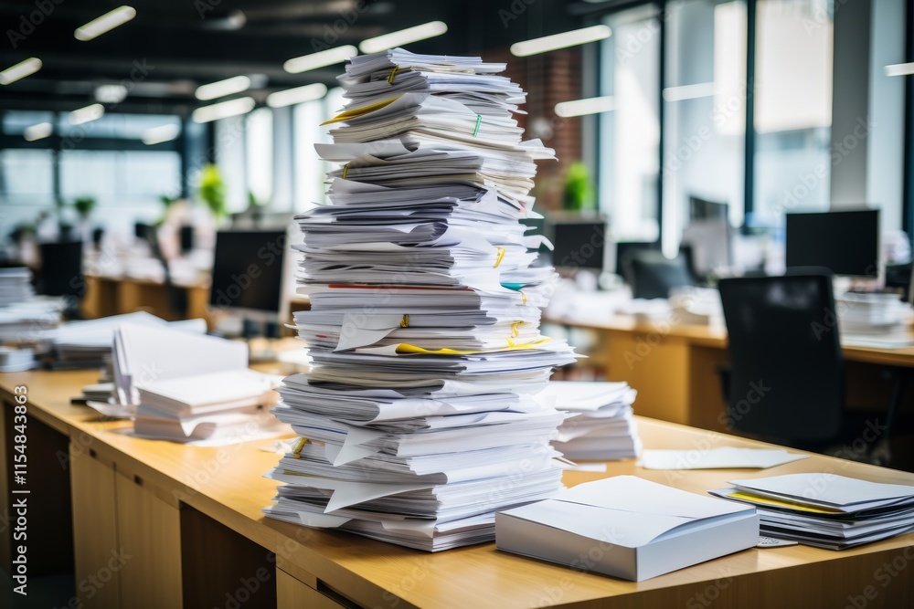 A tall pile of documents on a chaotic desk in a luminous office signifying work overload A tall pile of documents on a chaotic desk in a luminous office signifying work overload