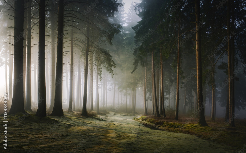 Fototapeta premium Misty forest path with tall trees and sunlight.