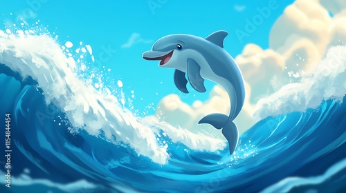 2D cartoon illustration of a dolphin jumping through waves with a big smile.--ar 16:9 photo