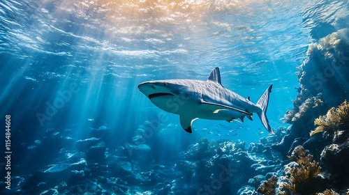 Wallpaper Mural Oceanic Shark in Coral Reef Sunlight. Concept of Marine Wildlife and Underwater Beauty. Torontodigital.ca