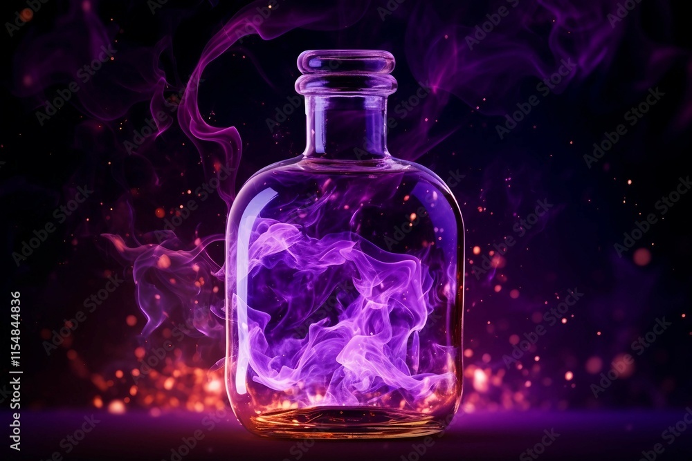 Abstract Purple Liquid in Glass Bottle with Flames Background Abstract Purple Liquid in Glass Bottle with Flames Background