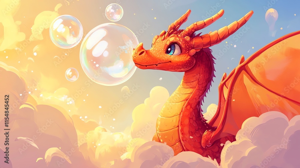 Fototapeta premium 2D cartoon illustration of a friendly dragon blowing bubbles instead of fire.--ar 16:9