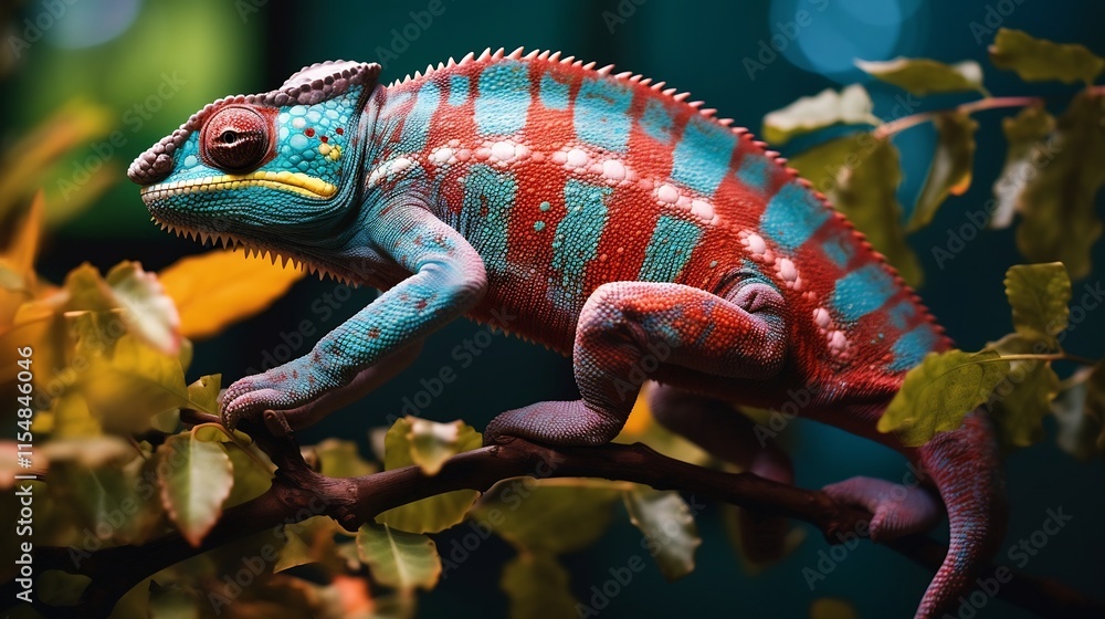 Mesmerizing close up shot of a chameleon effortlessly blending into its lush tropical environment by dynamically altering its vibrant colors and patterns Mesmerizing close up shot of a chameleon effortlessly blending into its lush tropical environment by dynamically altering its vibrant colors and patterns