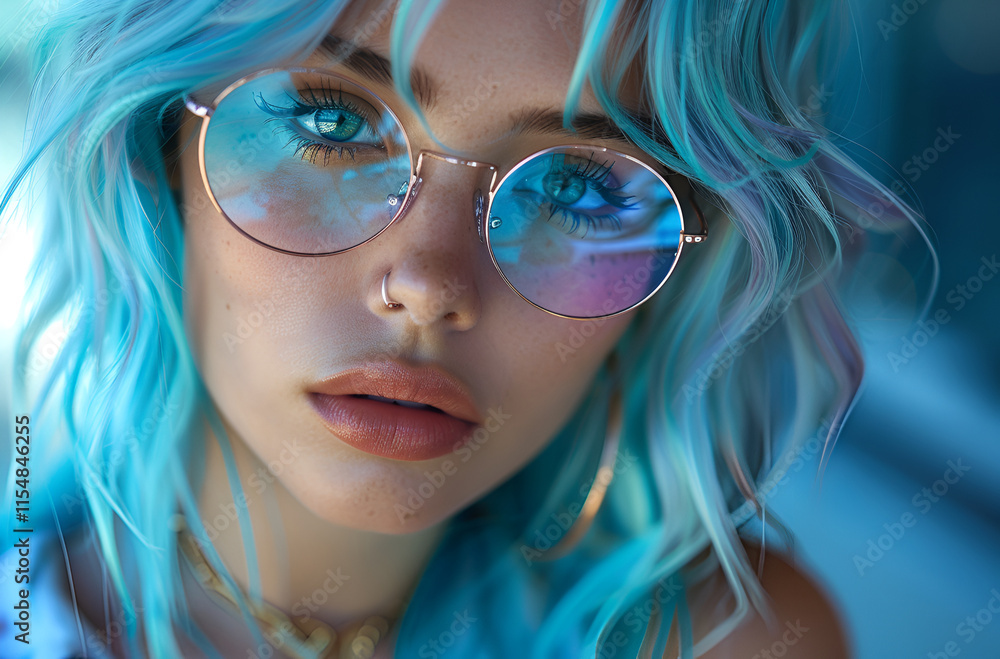 young woman in sunglasses at disco in neon light close-up portrait young woman in sunglasses at disco in neon light close-up portrait