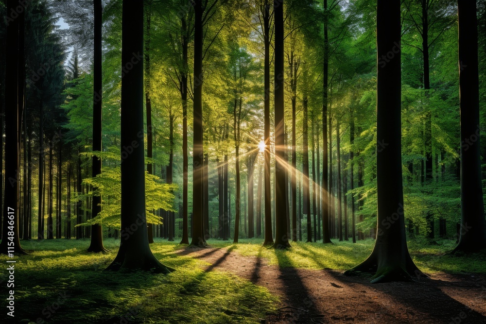 Fototapeta premium Sunlight glimmering through a lush green canopy of trees in a tranquil forest landscape