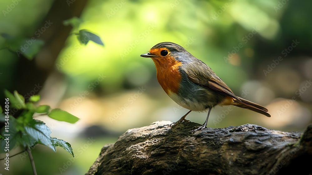 Fototapeta premium European Robin perched on a tree stump. Nature, wildlife, bird.