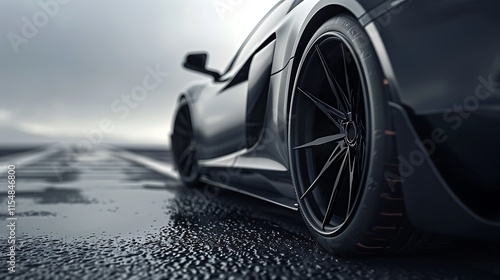 Textured close-up of a matte black sportscar splitter against asphalt