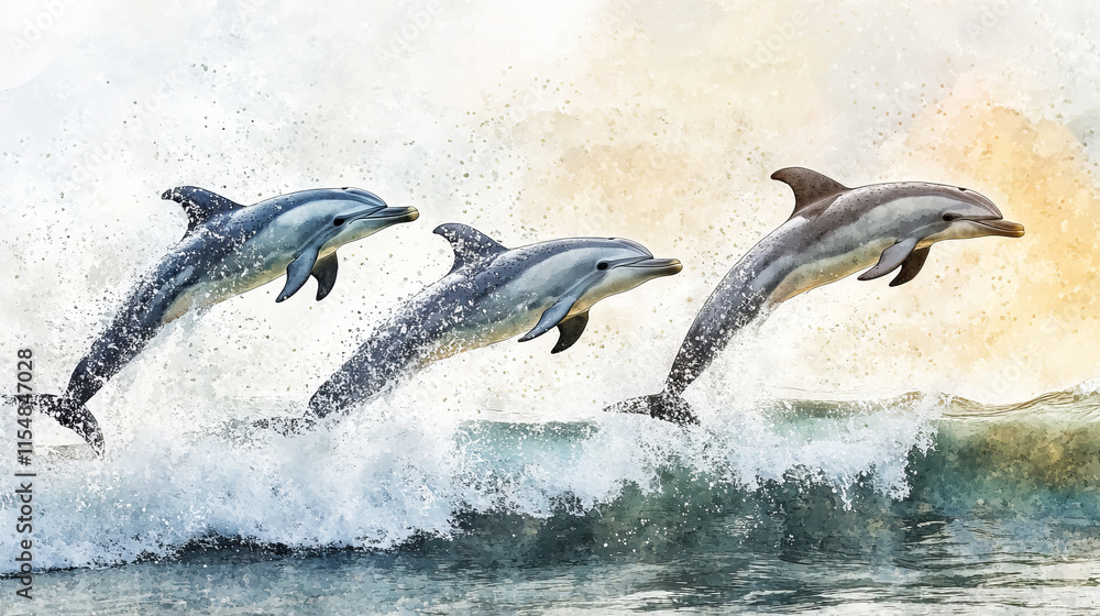 Obraz premium Three dolphins leap gracefully through sunlit ocean waves, creating joyful and dynamic scene against soft, colorful sky. Their synchronized movement showcases beauty of marine life