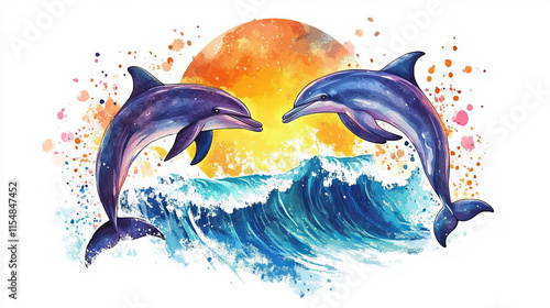 Two playful dolphins leap joyfully over vibrant ocean wave, set against colorful sunset background with splashes of watercolor art, evoking energy and freedom photo