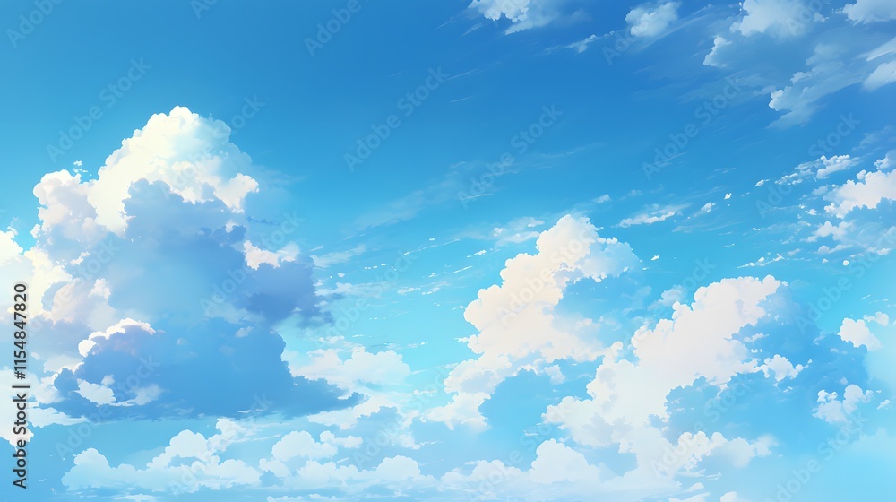 Obraz premium Cartoon-style sky with soft blue clouds, illustrated in an anime aesthetic.