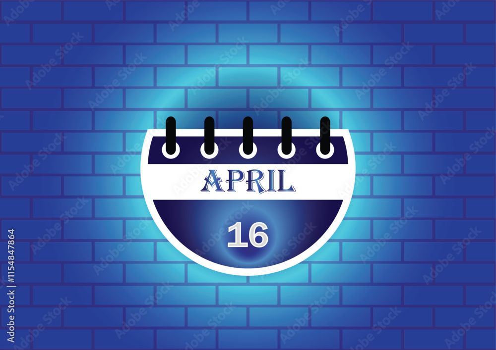 Obraz premium April 16 calendar sign on blue neon brick wall background. Flat design style. Date, day and month. Vector illustration.