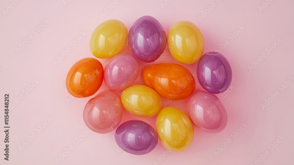 Obraz premium A playful, colorful arrangement of Easter eggs in shades of orange, yellow, and purple on a light pink background