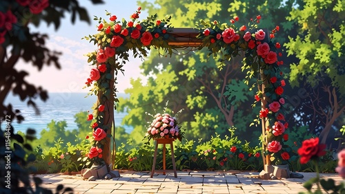 A garden arch decorated with red and pink roses for Valentine vows, holiday promo poster valentine day sale banner background, vibrant colors, romantic love and harmony photo