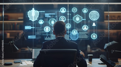 Businessman analyzing AI ethics icons on virtual screen for regulatory compliance