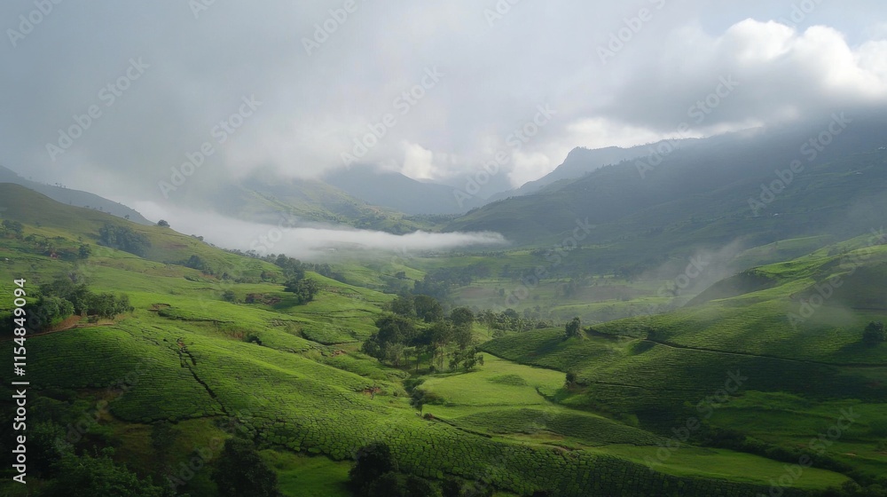 Obraz premium Lush Green Hills with Misty Mountain Backdrop