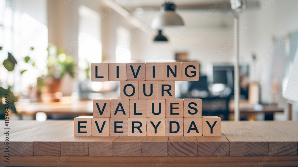 © E - Wooden blocks stacked vertically display 'LIVING OUR VALUES EVERYDAY,' set against a softly blurred office backdrop with natural lighting, conveying a motivational and professional theme.