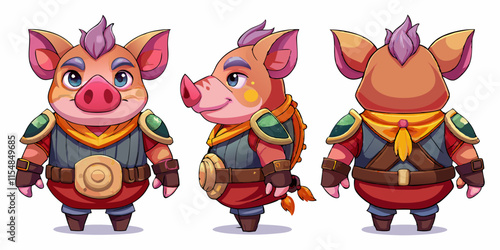 Pig ,game character design sheet, 3 multiple views font, views lateral, views back 